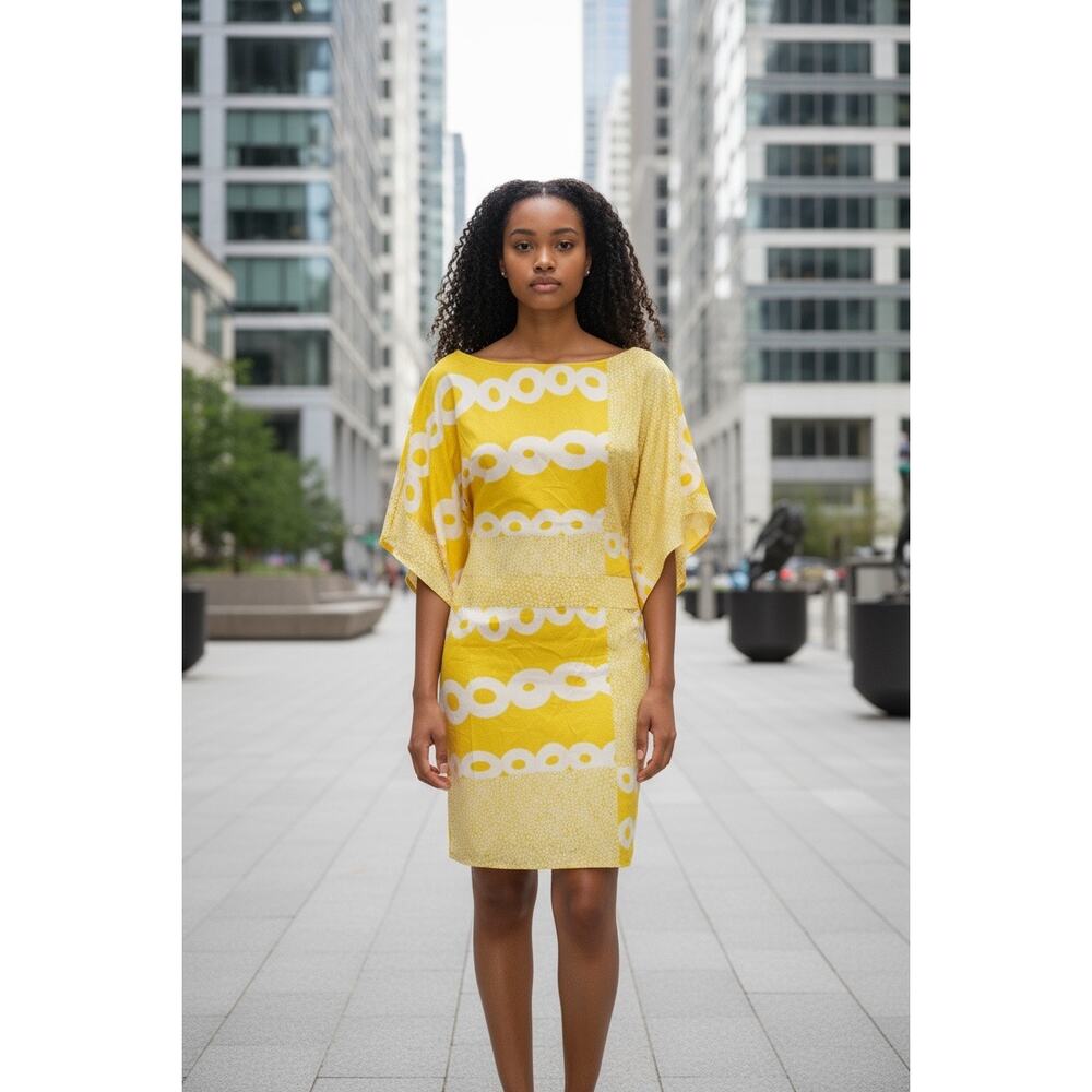 BCBGMAXAZRIA Yellow White Print Dress XL NWT Kimono Sleeve Belted Professional